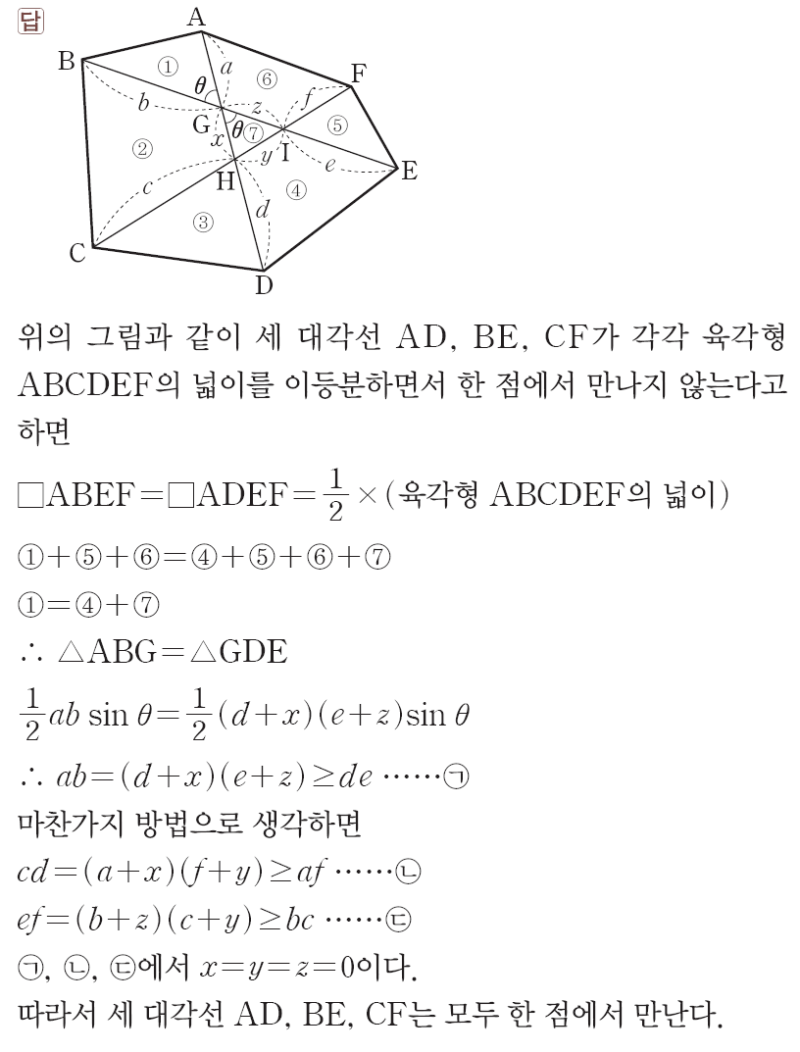 육각형 세 대각선이 한 점에서 만나는 문제 상세 해설 (feat. 에이급 수학 3-2, 귀류법, 호모세티, 동일법) — 그림 2